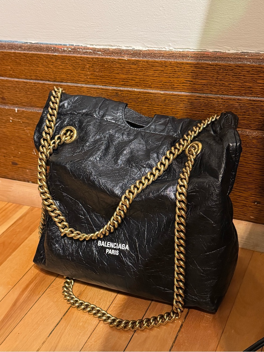 Balenciaga Black Leather Shoulder Bag with Gold Chain
